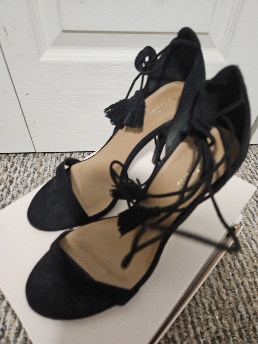 le chateau Black Suede Lace-Up Heels with Tassels